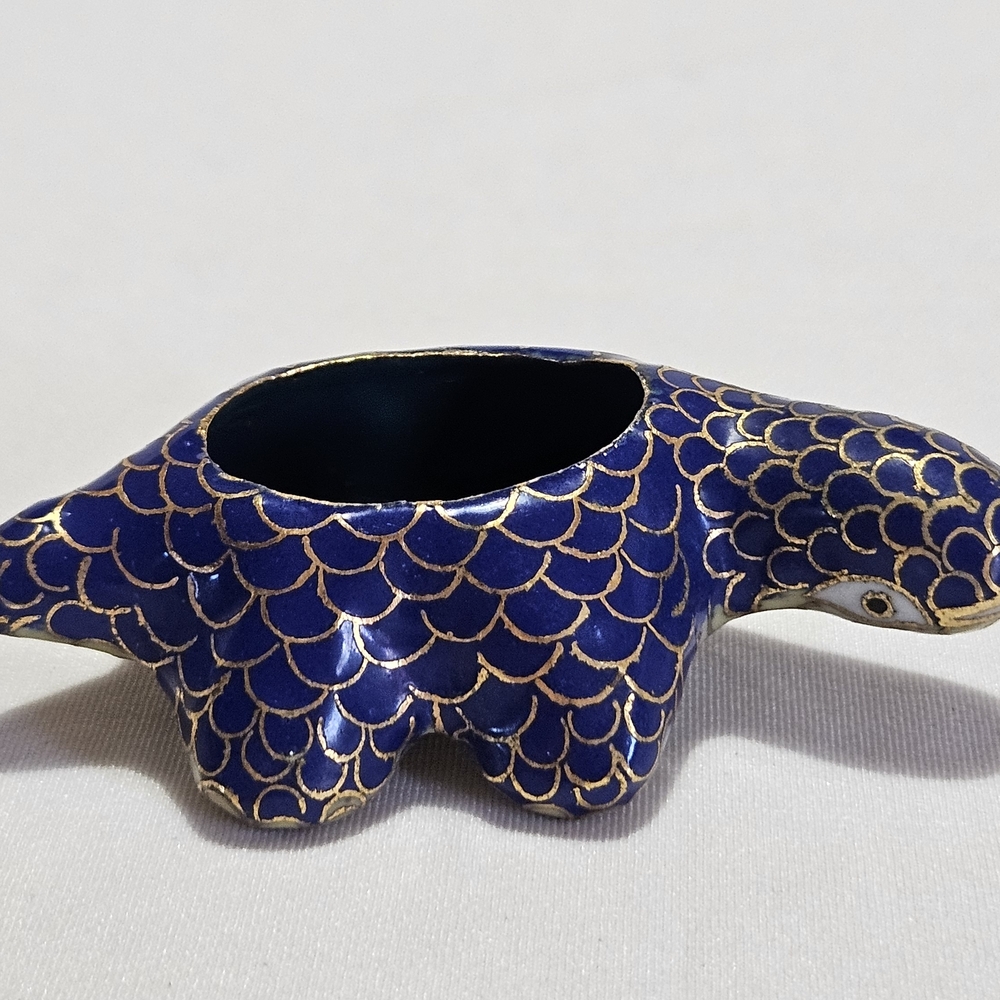 Vintage Blue Gold Turtle Planter • Cloisonné Style Ceramic Coastal Decor